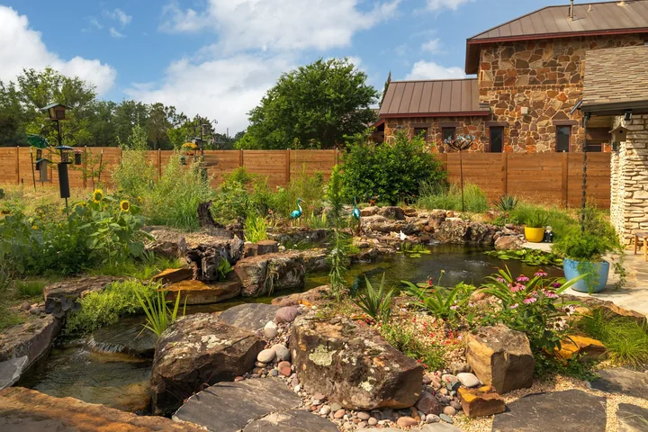 A lush planted koi pond with water lilies and stonework beside a brick home